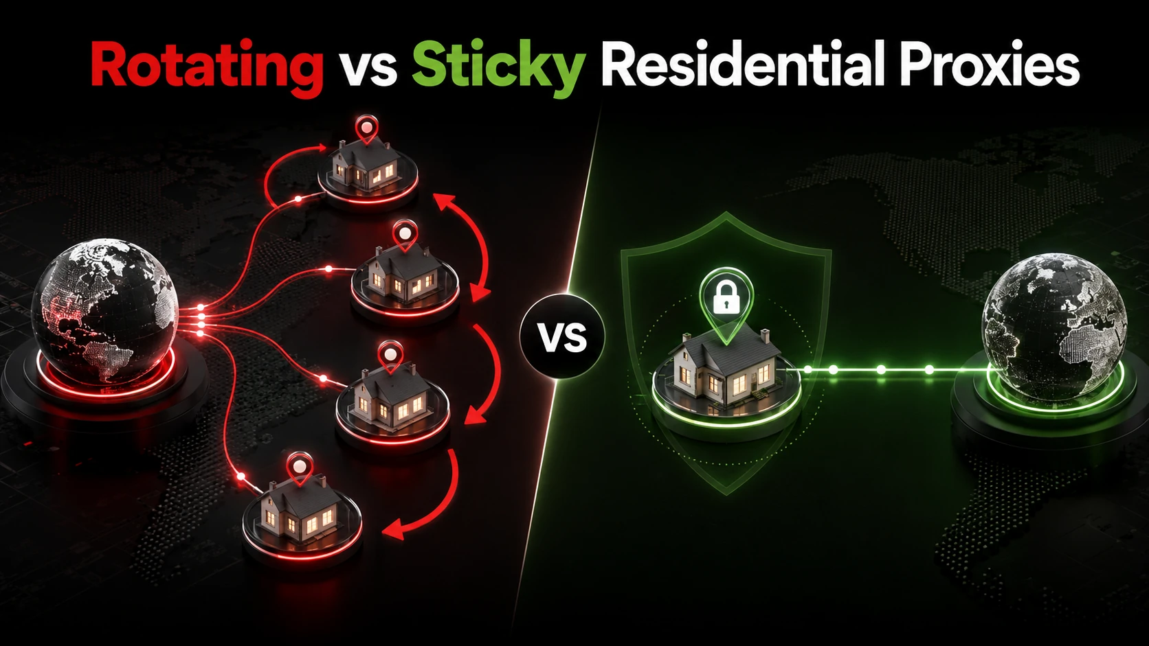 Rotating versus sticky residential proxies compared, one globe cycling through many houses and another holding a single secured household connection